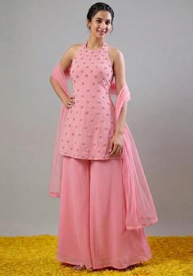 Baby Pink Embroidered Handwork Fusion Set