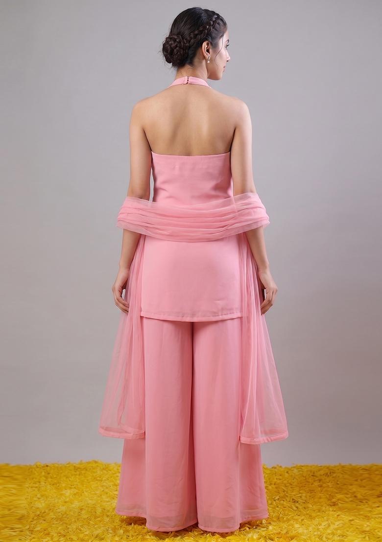 Baby Pink Embroidered Handwork Fusion Set - Indya