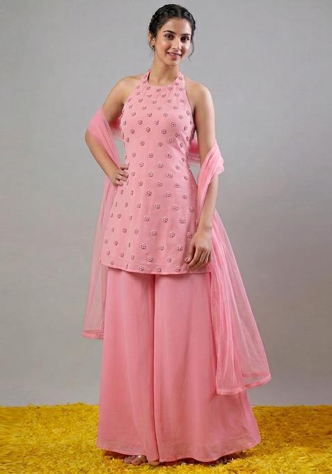 Baby Pink Crepe Handwork Fusion Set