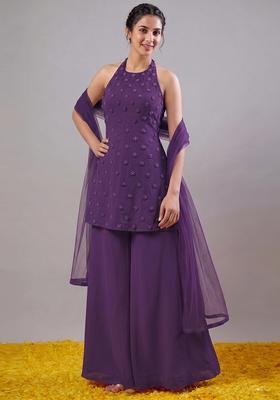 Purple Embroidered Handwork Fusion Set