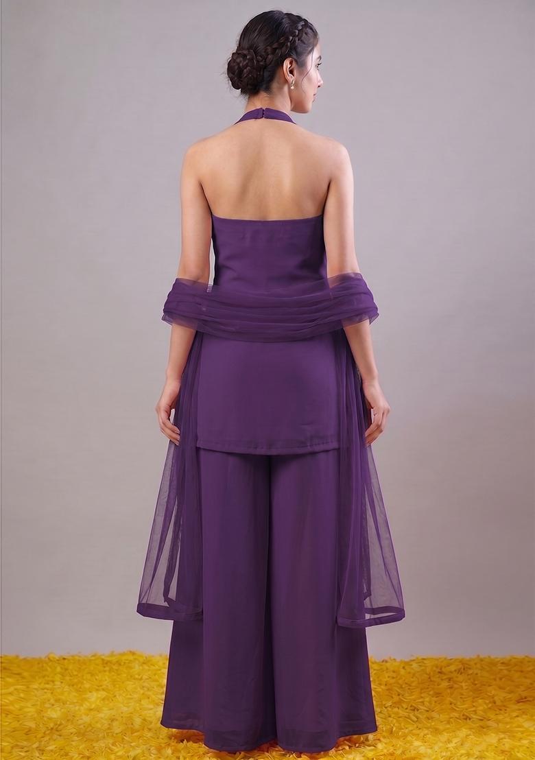 Purple Embroidered Handwork Fusion Set - Indya