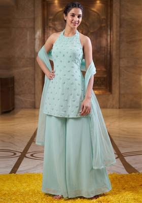 Mint Green Embroidered Handwork Fusion Set