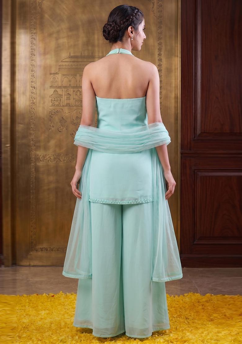 Mint Green Embroidered Handwork Fusion Set - Indya
