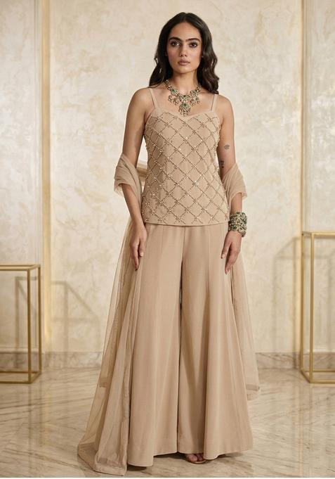 Almond Georgette Embellished Fusion Set