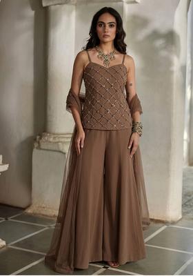 Coffee Brown Embroidered Handwork Fusion Set