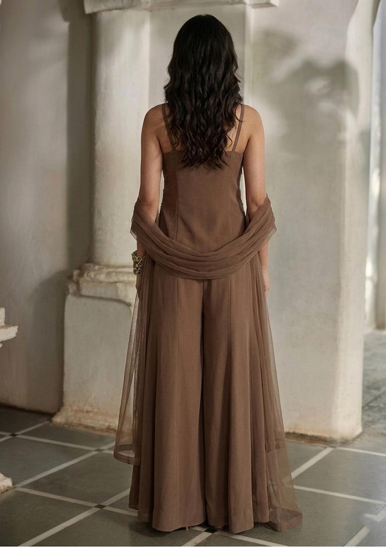 Coffee Brown Embroidered Handwork Fusion Set - Indya