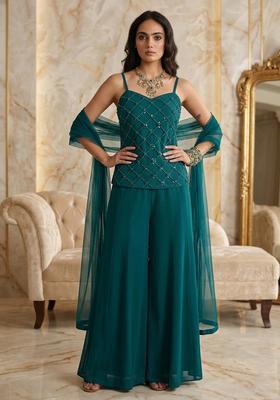 Teal Embroidered Handwork Fusion Set