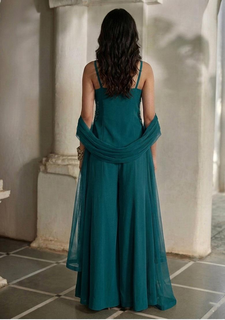 Teal Embroidered Handwork Fusion Set - Indya