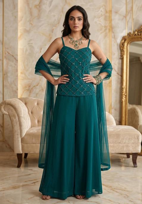 Teal Embroidered Handwork Fusion Set