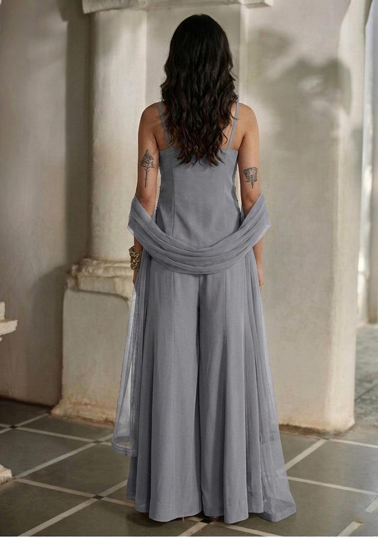 Steel Grey Embroidered Handwork Fusion Set - Indya