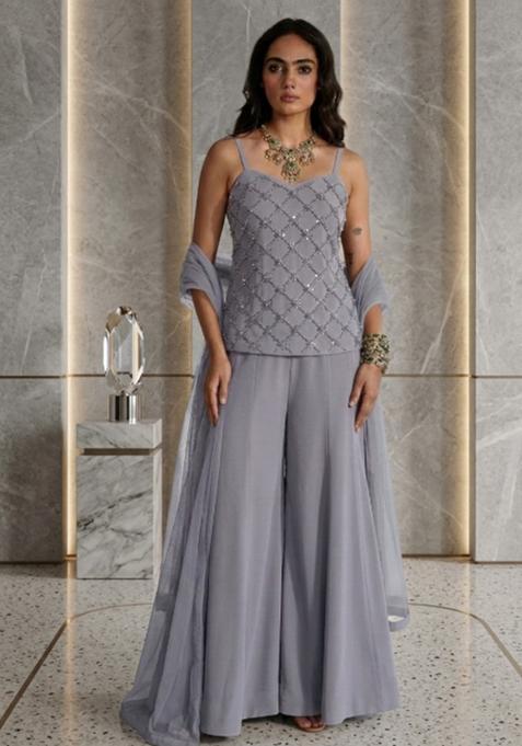 Steel Grey Embroidered Handwork Fusion Set