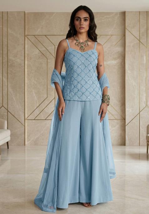 Sky Blue Embroidered Handwork Lehenga Set
