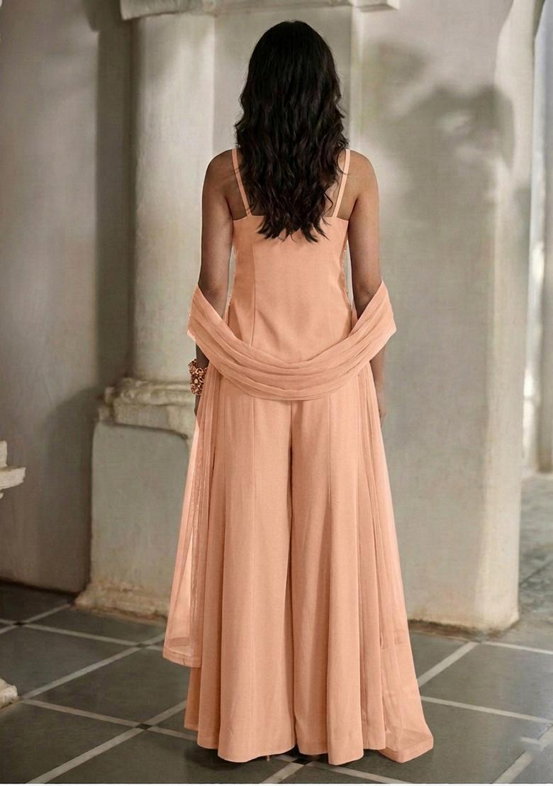 Soft Peach Embroidered Handwork Fusion Set - Indya
