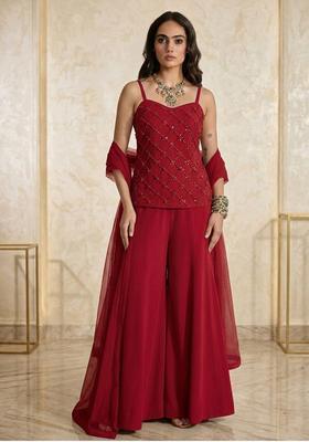 Cherry Red Embroidered Handwork Lehenga Set
