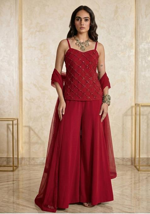 Cherry Red Embroidered Handwork Lehenga Set