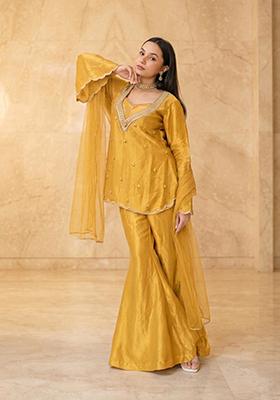Mustard Embroidered Handwork Sharara Set