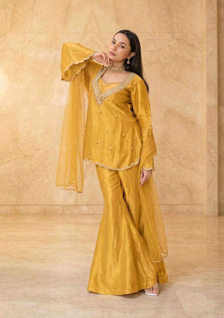 Mustard Embroidered Handwork Sharara Set - Indya