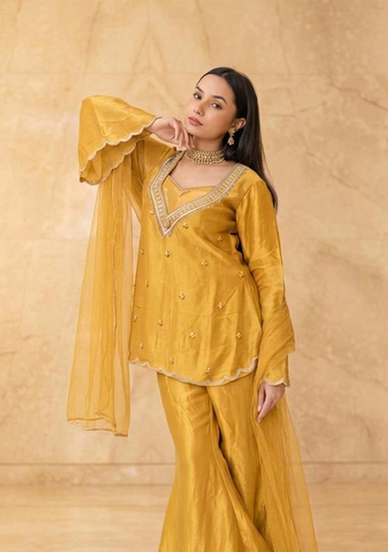 Mustard Embroidered Handwork Sharara Set - Indya
