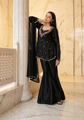 Black Embroidered Handwork Sharara Set