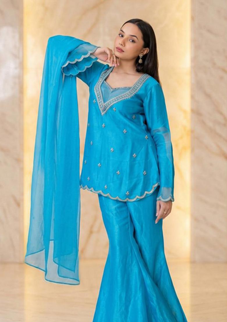 Sky Blue Embroidered Handwork Sharara Set - Indya