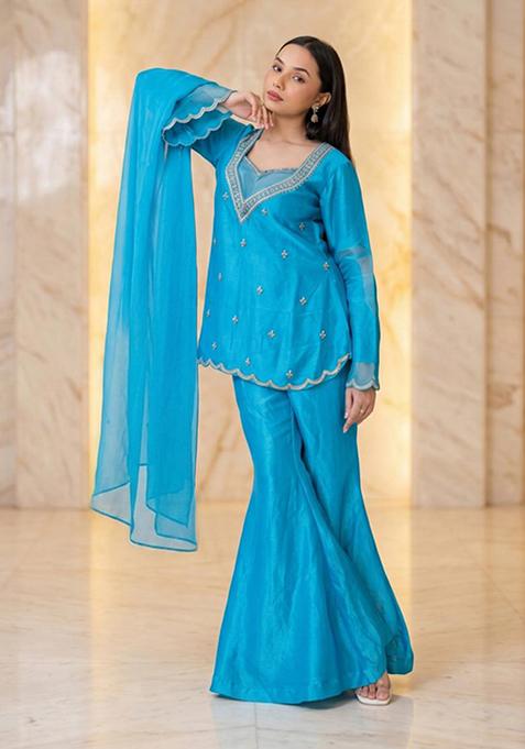 Sky Blue Embroidered Handwork Sharara Set