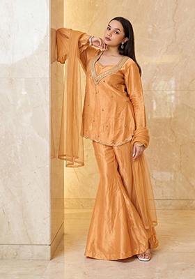 Peach Embroidered Handwork Sharara Set