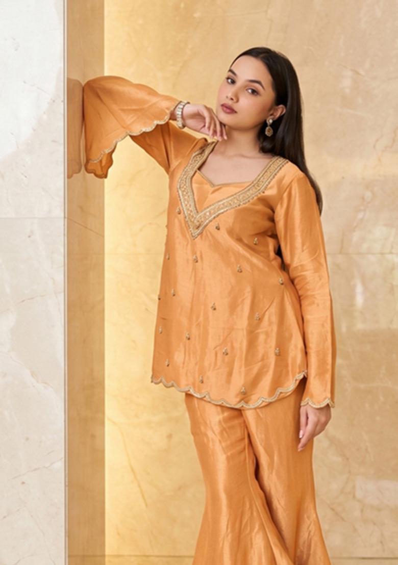 Peach Embroidered Handwork Sharara Set - Indya