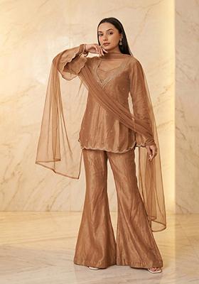 Brown Embroidered Handwork Sharara Set