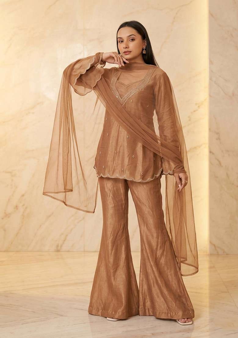 Brown Embroidered Handwork Sharara Set - Indya