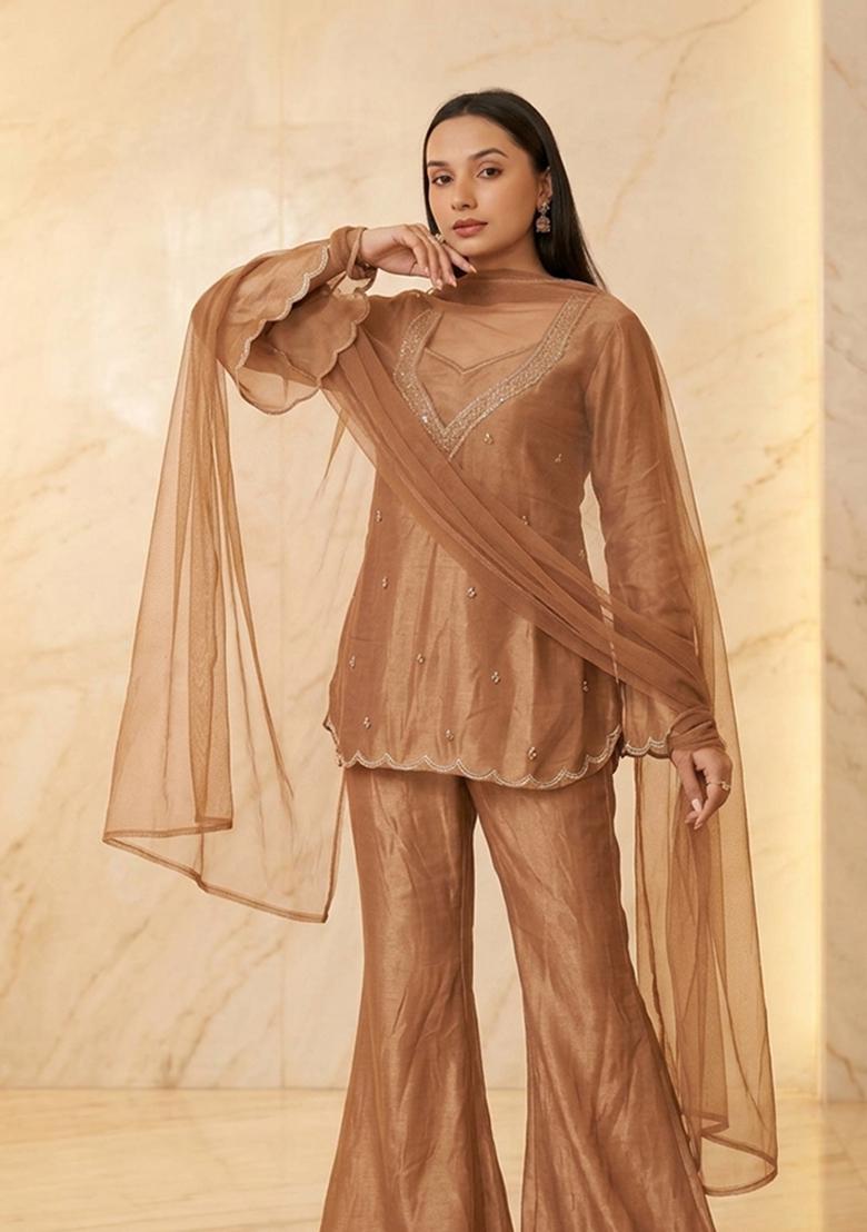 Brown Embroidered Handwork Sharara Set - Indya