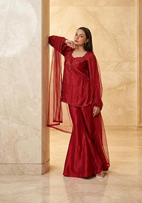 Red Embroidered Handwork Sharara Set
