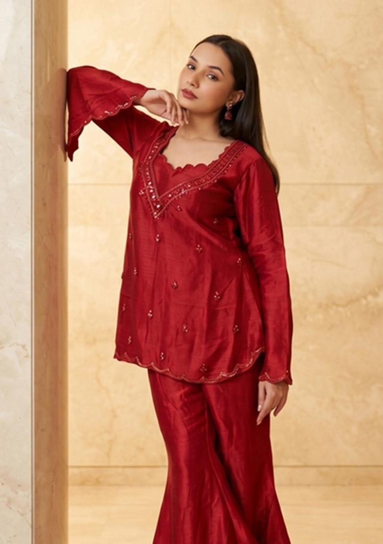 Red Embroidered Handwork Sharara Set - Indya