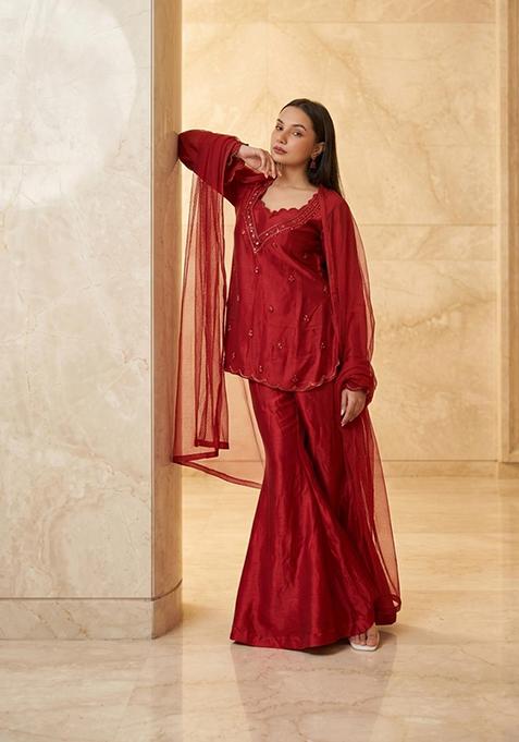 Red Embroidered Handwork Sharara Set