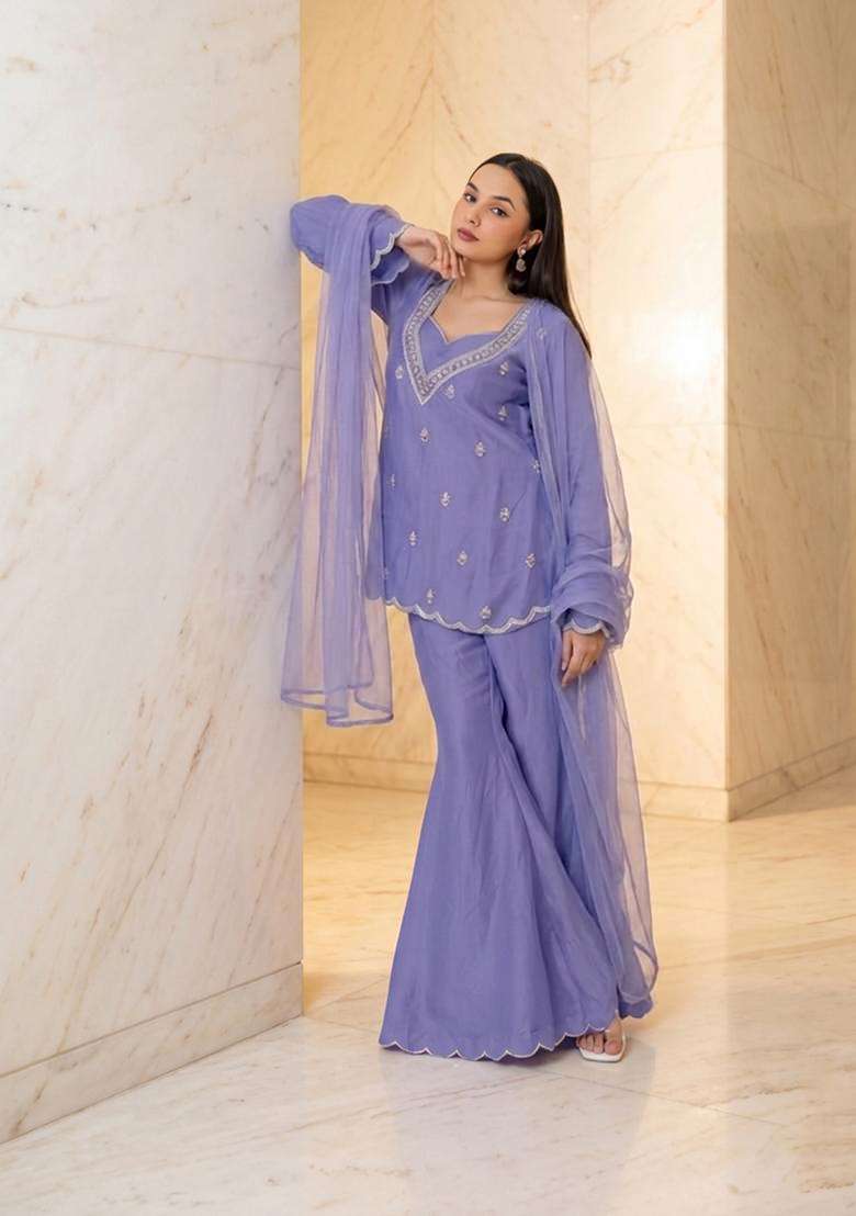 Lavender Embroidered Handwork Sharara Set - Indya
