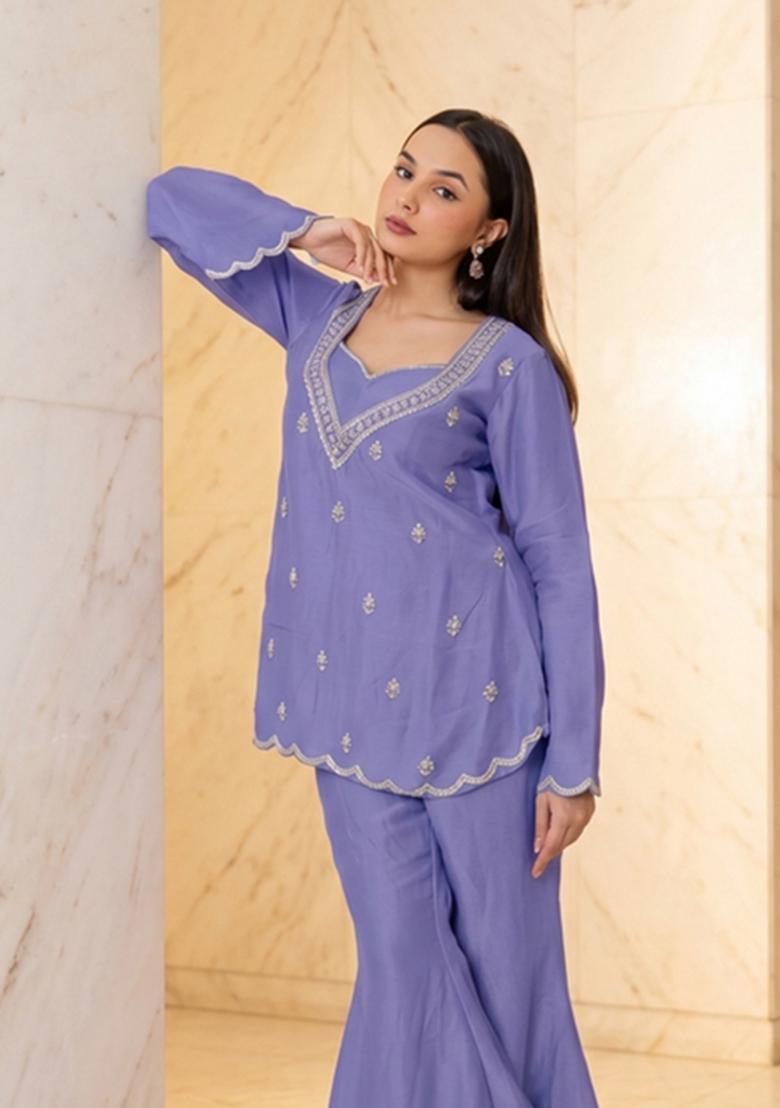 Lavender Embroidered Handwork Sharara Set - Indya