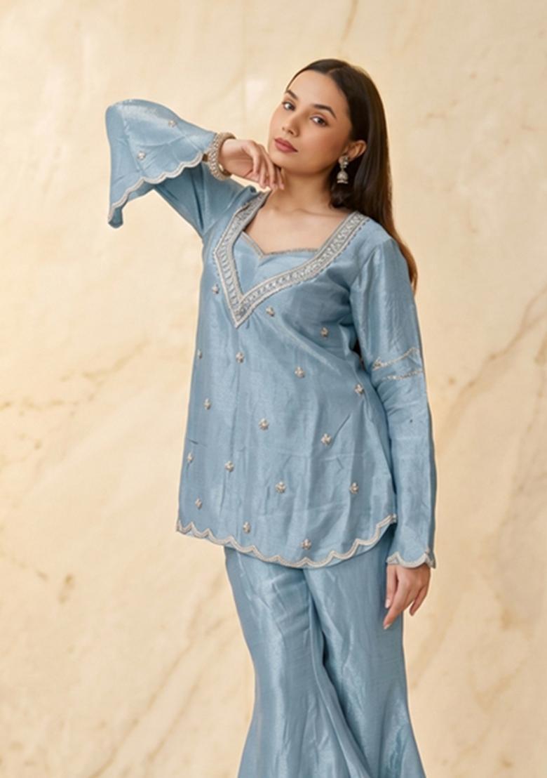 Powder Blue Embroidered Handwork Sharara Set - Indya