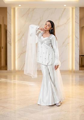 White Embroidered Handwork Sharara Set