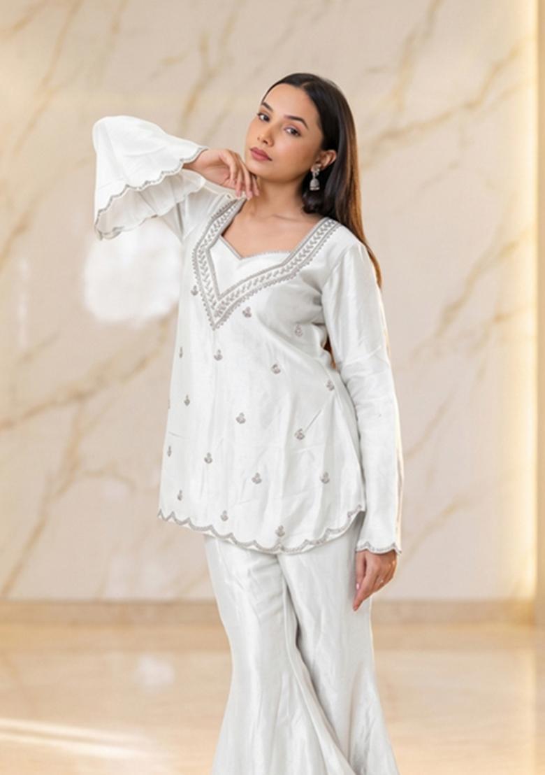White Embroidered Handwork Sharara Set - Indya