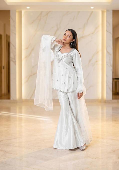 White Embroidered Handwork Sharara Set
