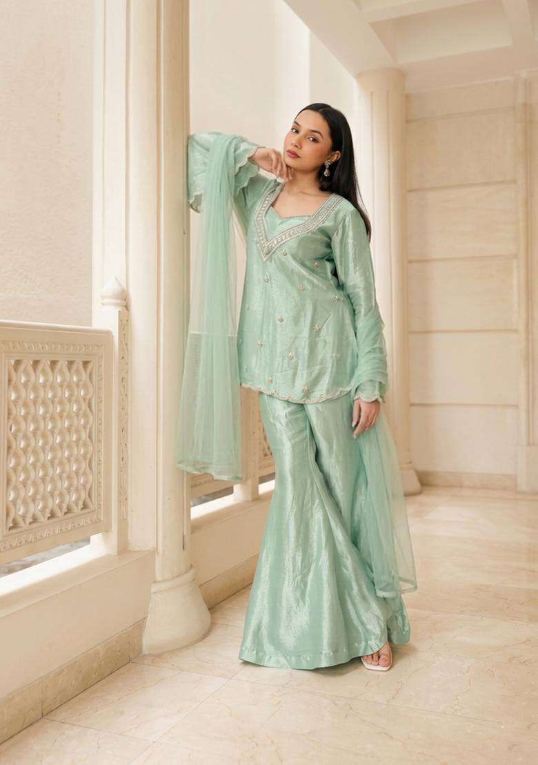 Mint Green Embroidered Handwork Sharara Set - Indya