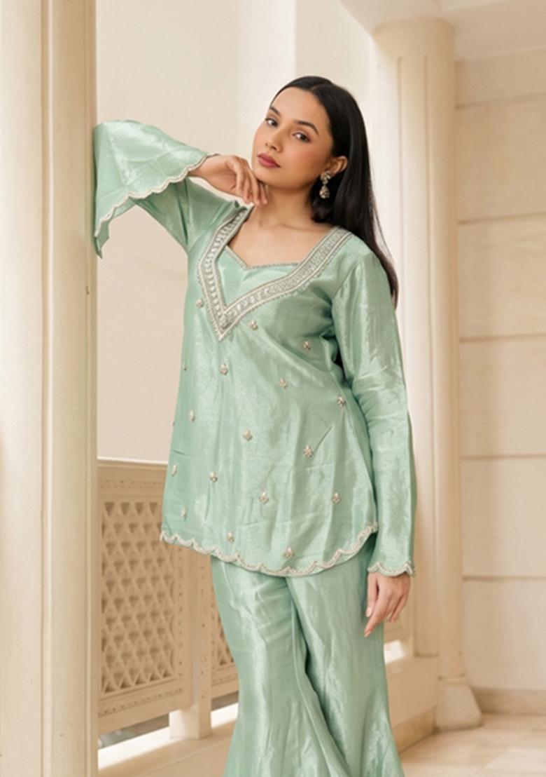 Mint Green Embroidered Handwork Sharara Set - Indya