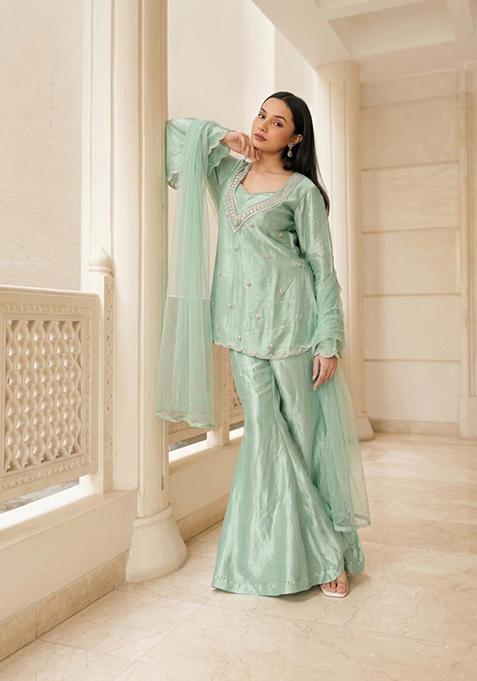 Mint Green Embroidered Handwork Sharara Set