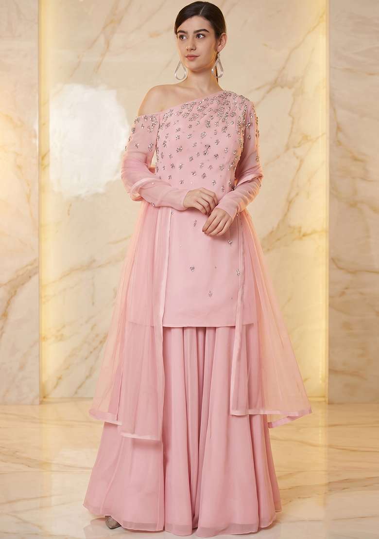 Baby Pink Embroidered Handwork Sharara Set - Indya