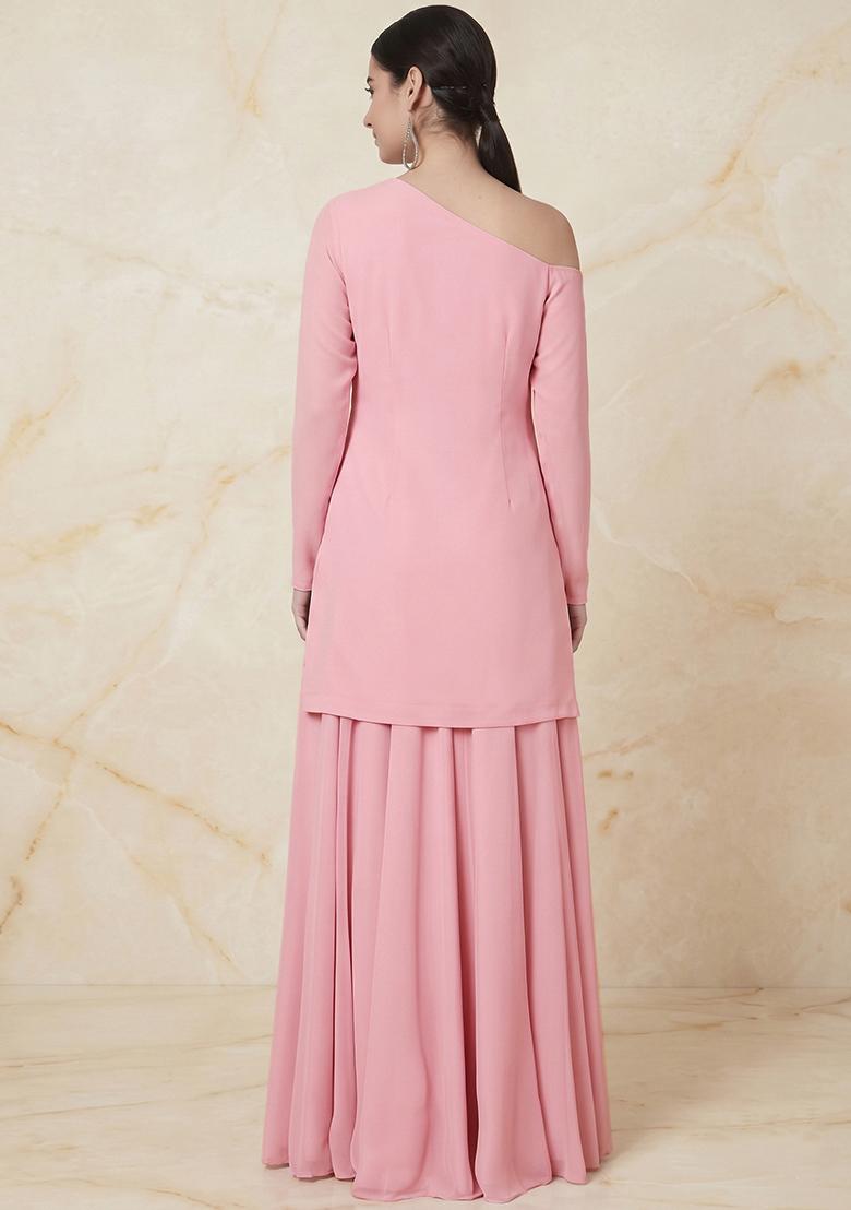 Baby Pink Embroidered Handwork Sharara Set - Indya