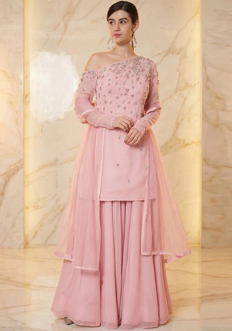 Baby Pink Embroidered Handwork Sharara Set