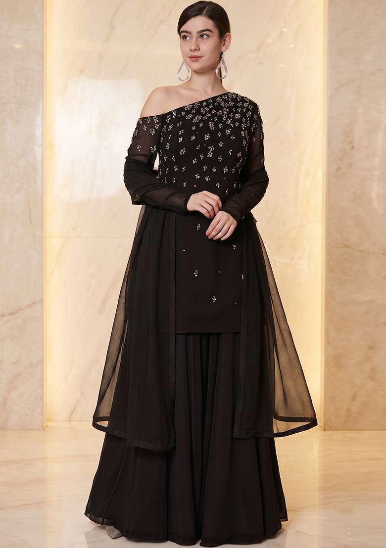 Black Embroidered Handwork Sharara Set - Indya