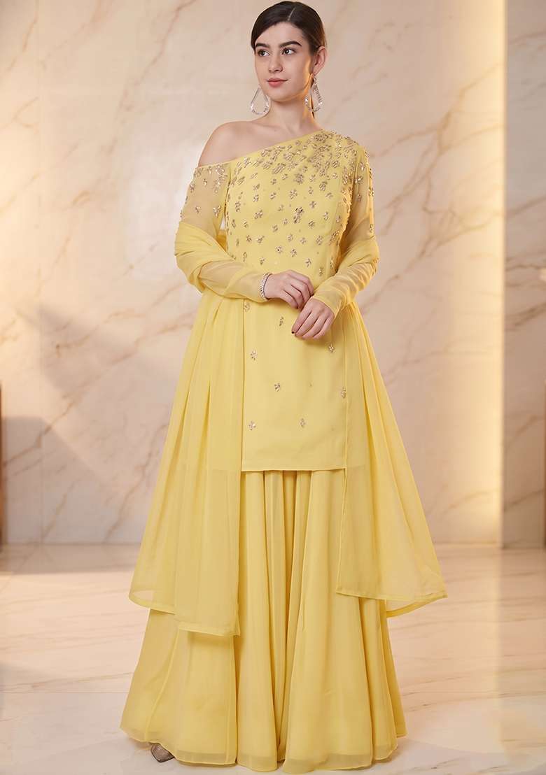 Lemon Yellow Embroidered Handwork Sharara Set - Indya