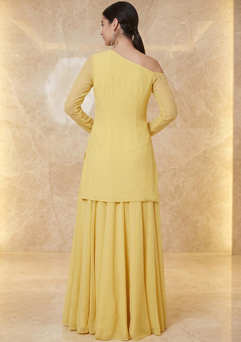 Lemon Yellow Embroidered Handwork Sharara Set - Indya