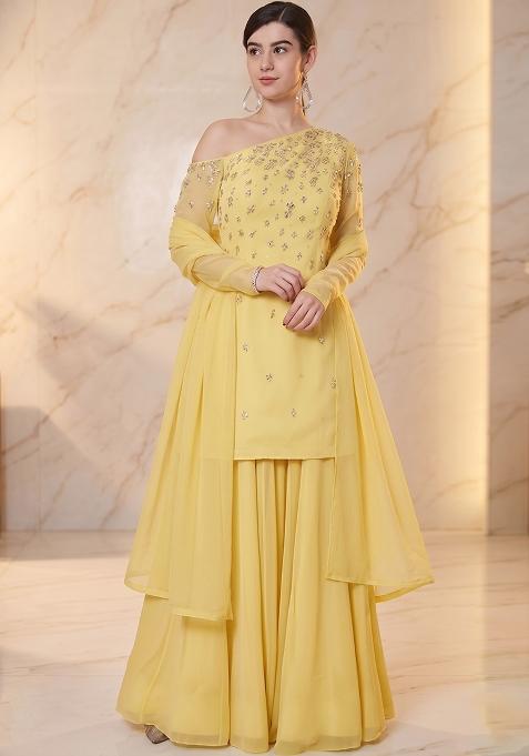 Lemon Yellow Embroidered Handwork Sharara Set