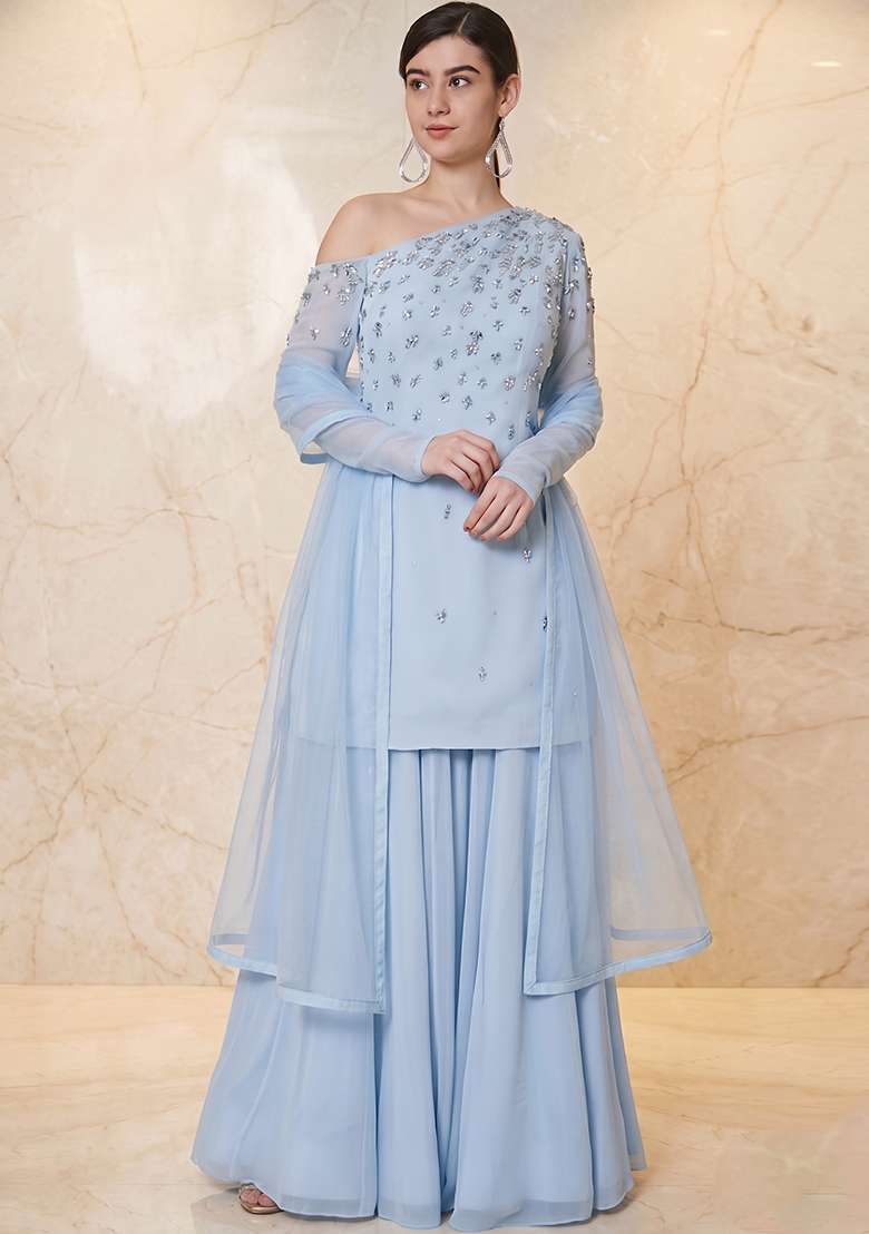 Sky Blue Embroidered Handwork Sharara Set - Indya